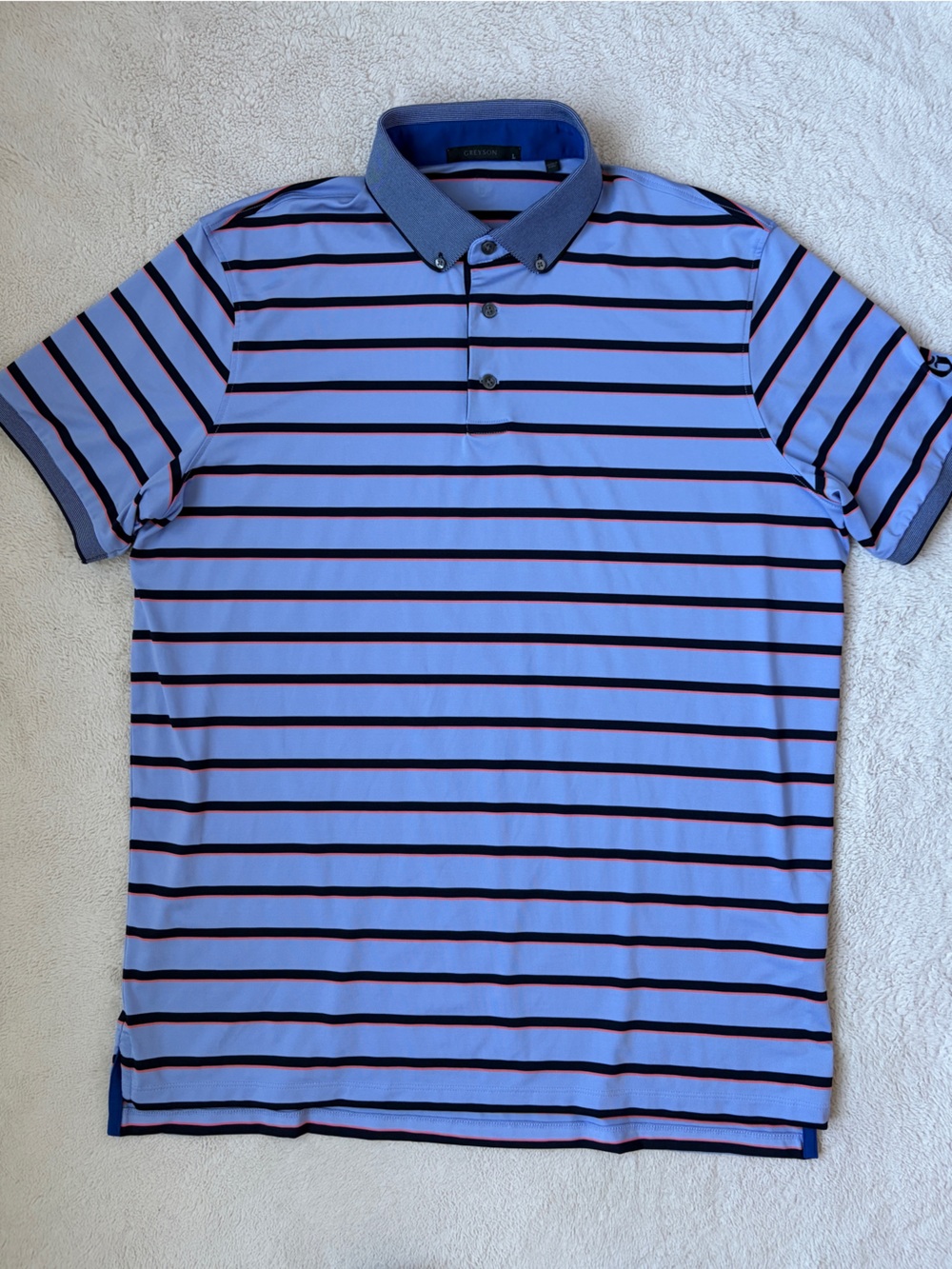 Greyson Light Blue Polo with Navy and Pink Stripes Men Size Large